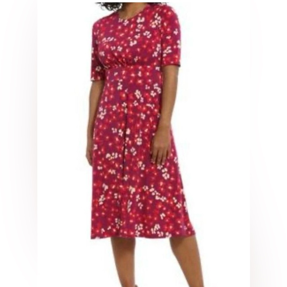 London Times Floral Printed MIDI A-Line Dress Casual Berry Coral Sz 16